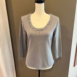 Classy Talbots Gray Silk Sequin Sweater, Scoop Neck, 3/4 Sleeve, Size Small